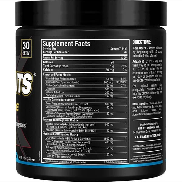 Allmax Rapidcuts Xtreme right view showcasing Supplement Facts for advanced metabolic fat burning support.