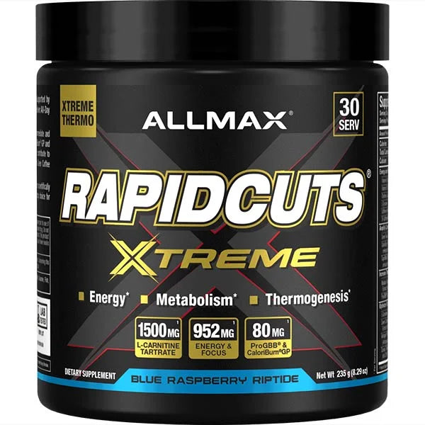ALLMAX Rapidcuts Xtreme Blue Raspberry Riptide 235g supplement tub for enhanced thermogenesis and energy.