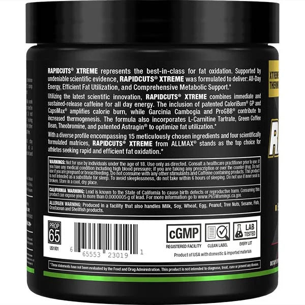 ALLMAX Rapidcuts Xtreme Lean Lemon Lime powder left view showing metabolic support and fat oxidation benefits.