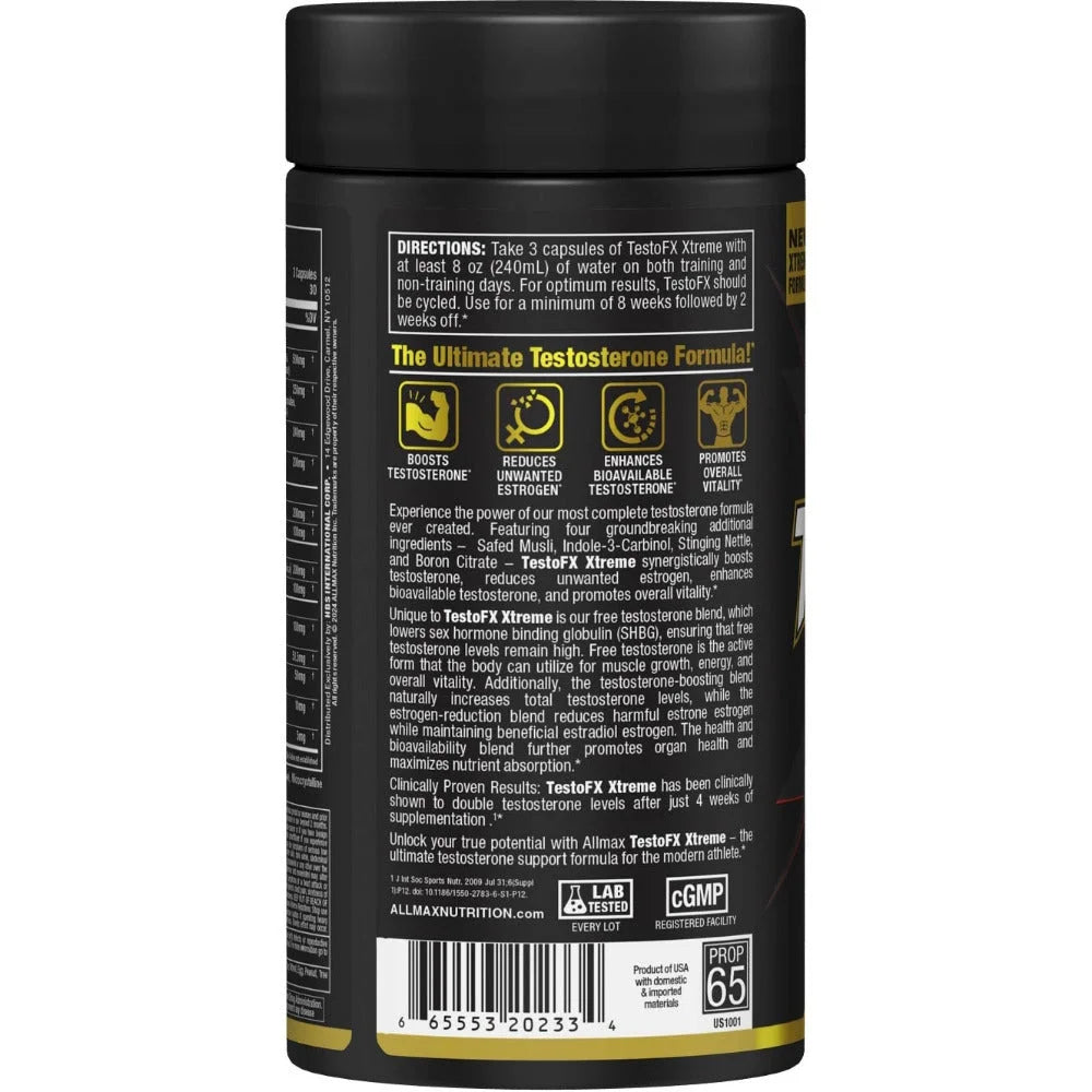 Allmax TestoFX Xtreme testosterone support left view detailing directions and estrogen reduction benefits.