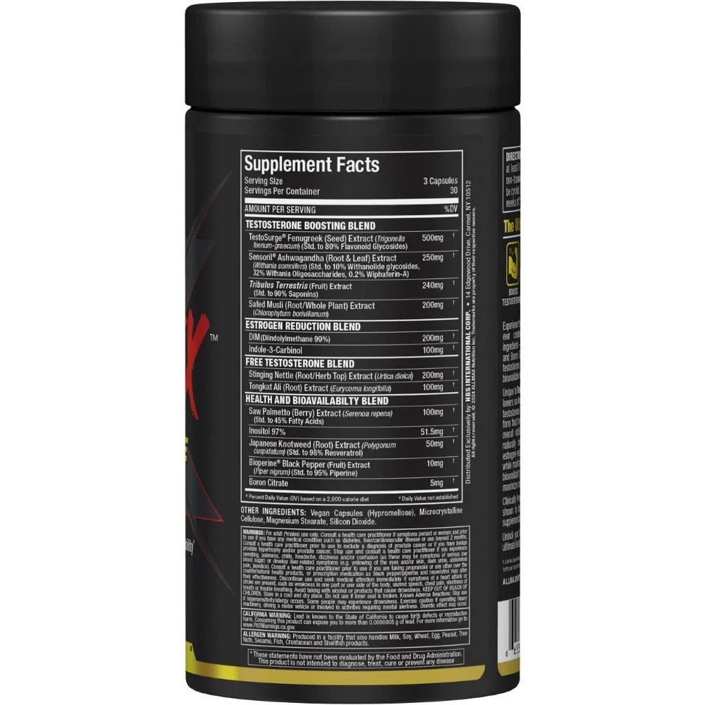 TestoFX Xtreme right side view showing the Supplement Facts panel for optimized testosterone support.