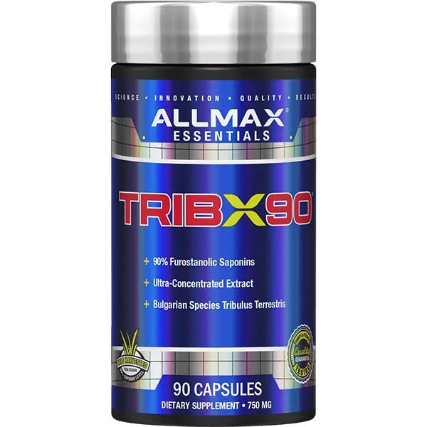 Allmax TribX90 Bulgarian Tribulus capsules with 90% saponins for natural testosterone and libido support.