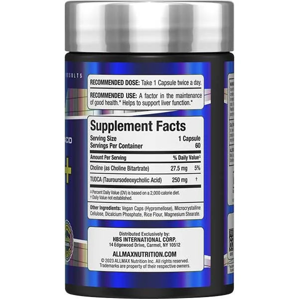 Allmax TUDCA+ 60 capsules right side view showing liver support benefits and quality certifications.