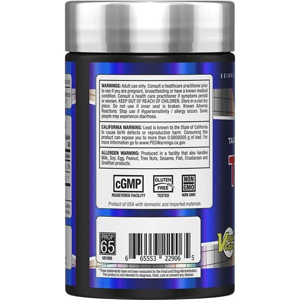 Allmax TUDCA left side view showing vegan capsules and liver support benefits in a cGMP registered facility.