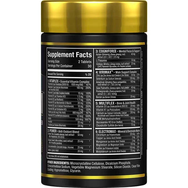 Vitaform Men multivitamin right view showing the supplement facts panel for male performance and health.