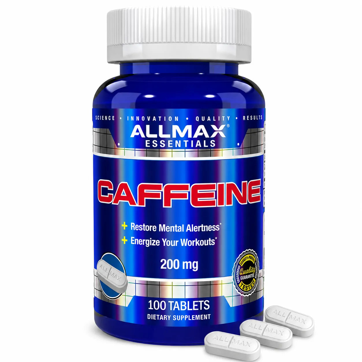 A bottle of AllMax Essentials Caffeine 200 mg dietary supplement with three white tablets in the foreground, set against a plain white background.