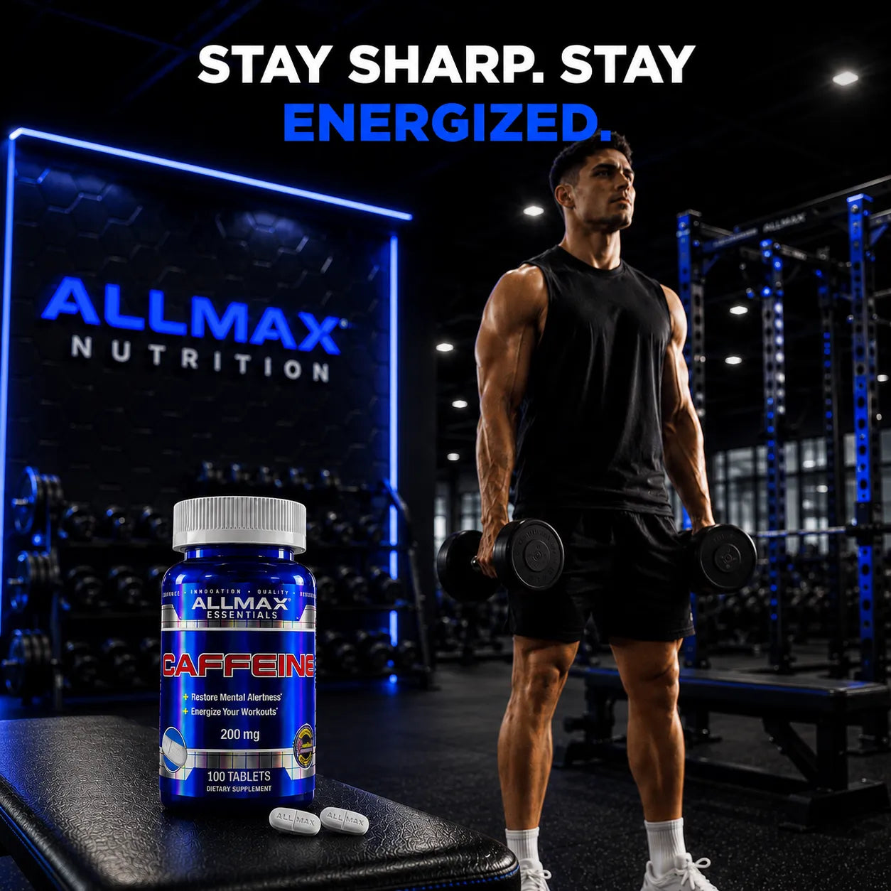 A man in a black workout outfit holding dumbbells stands in a gym next to a blue bottle of Allmax Nutrition Caffeine, with the text 'STAY SHARP. STAY ENERGIZED.