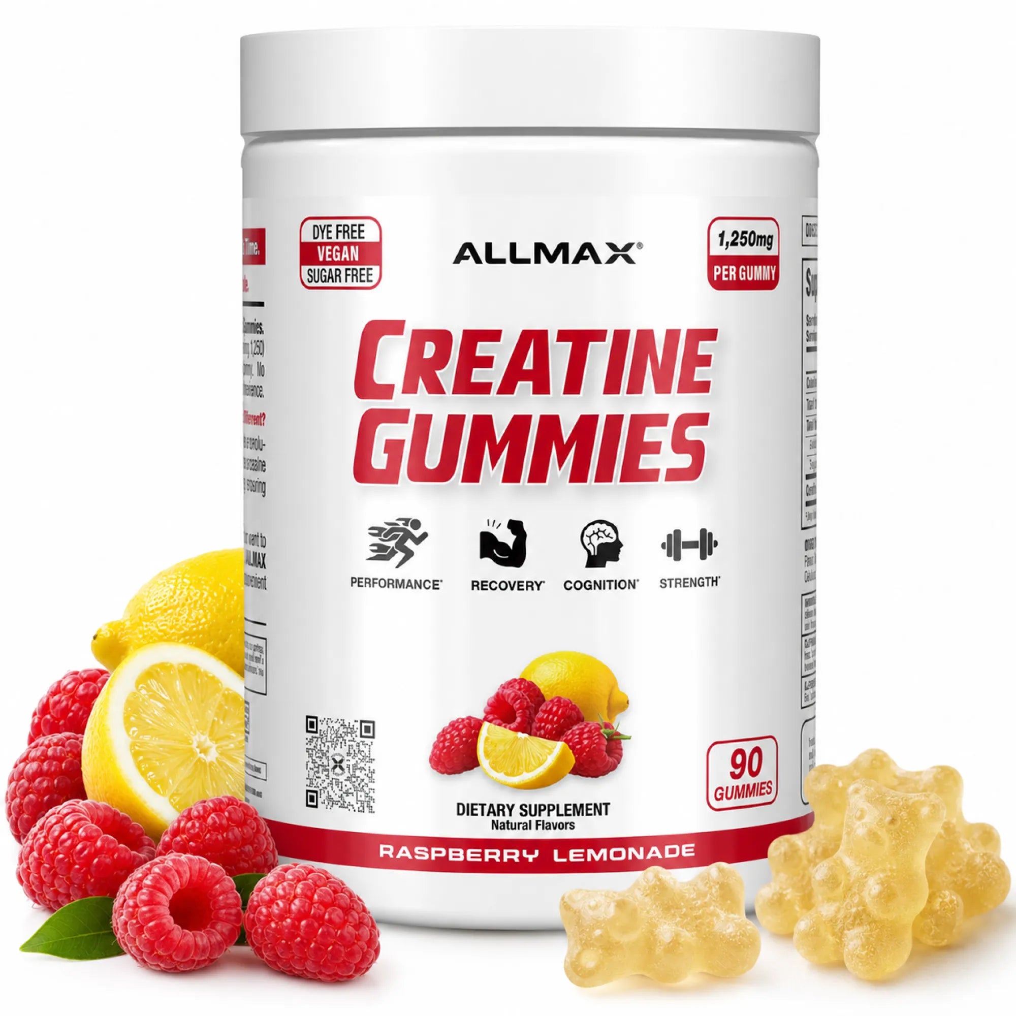 A white tub of ALLMAX Creatine Gummies with red and black text, surrounded by fresh raspberries, lemons, and several translucent yellow gummy bears on a white background.