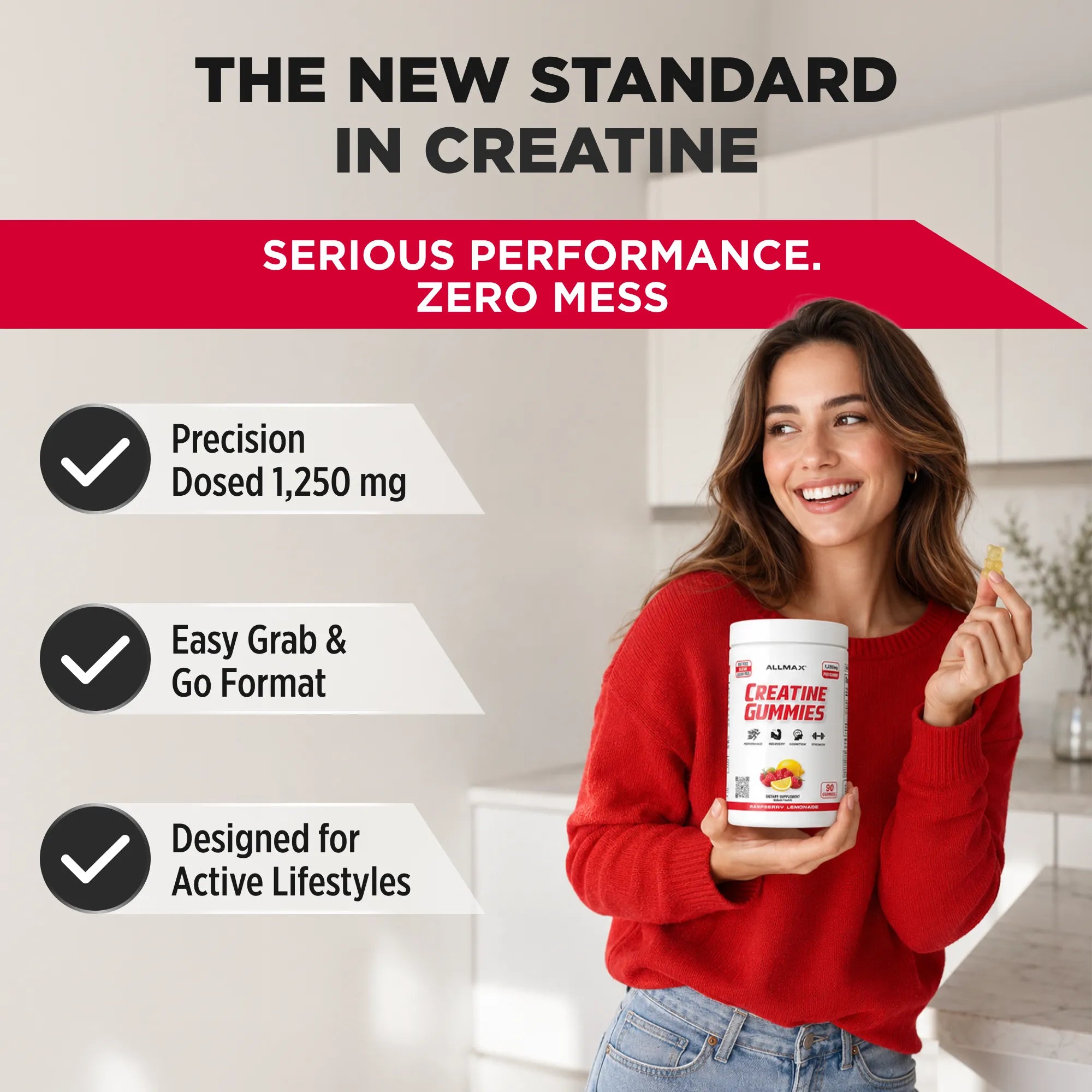 A promotional graphic for a tub of creatine gummies held by a smiling woman in a red sweater, with text reading 'THE NEW STANDARD IN CREATINE' and feature callouts about precision dosing, easy grab-and-go format, and suitability for active lifestyles.