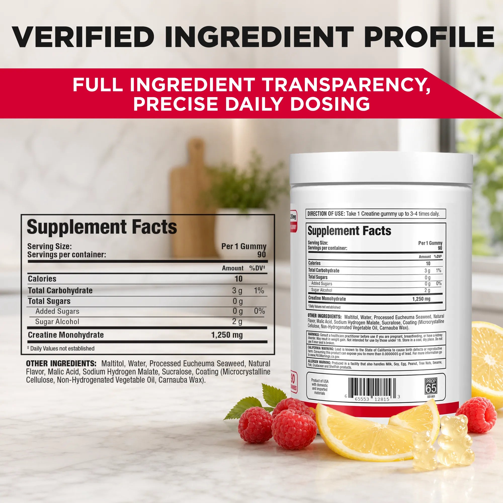 A white supplement tub shown on a marble surface with raspberries and orange slices, alongside a large Supplement Facts label and marketing text reading 'Verified Ingredient Profile' and 'Full Ingredient Transparency, Precise Daily Dosing.'.