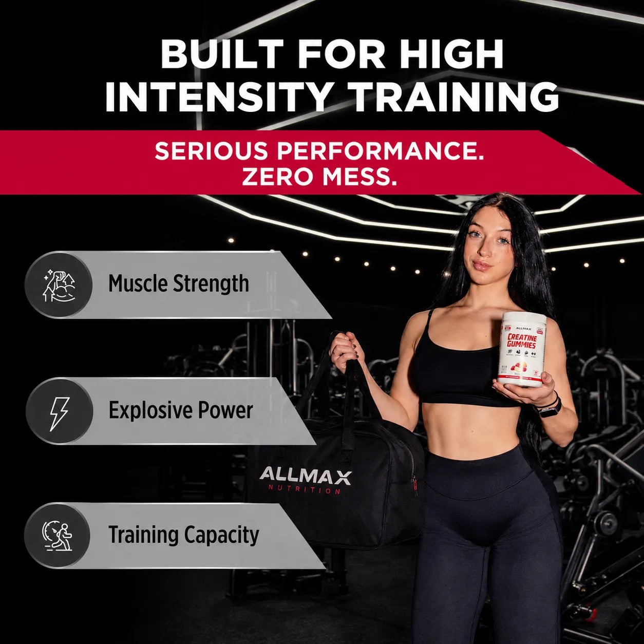 A woman in a black sports bra and leggings stands in a gym holding a black duffel bag and a white tub of Allmax protein powder. The image features promotional text overlays highlighting key benefits: Muscle Strength, Explosive Power, and Training Capacity.
