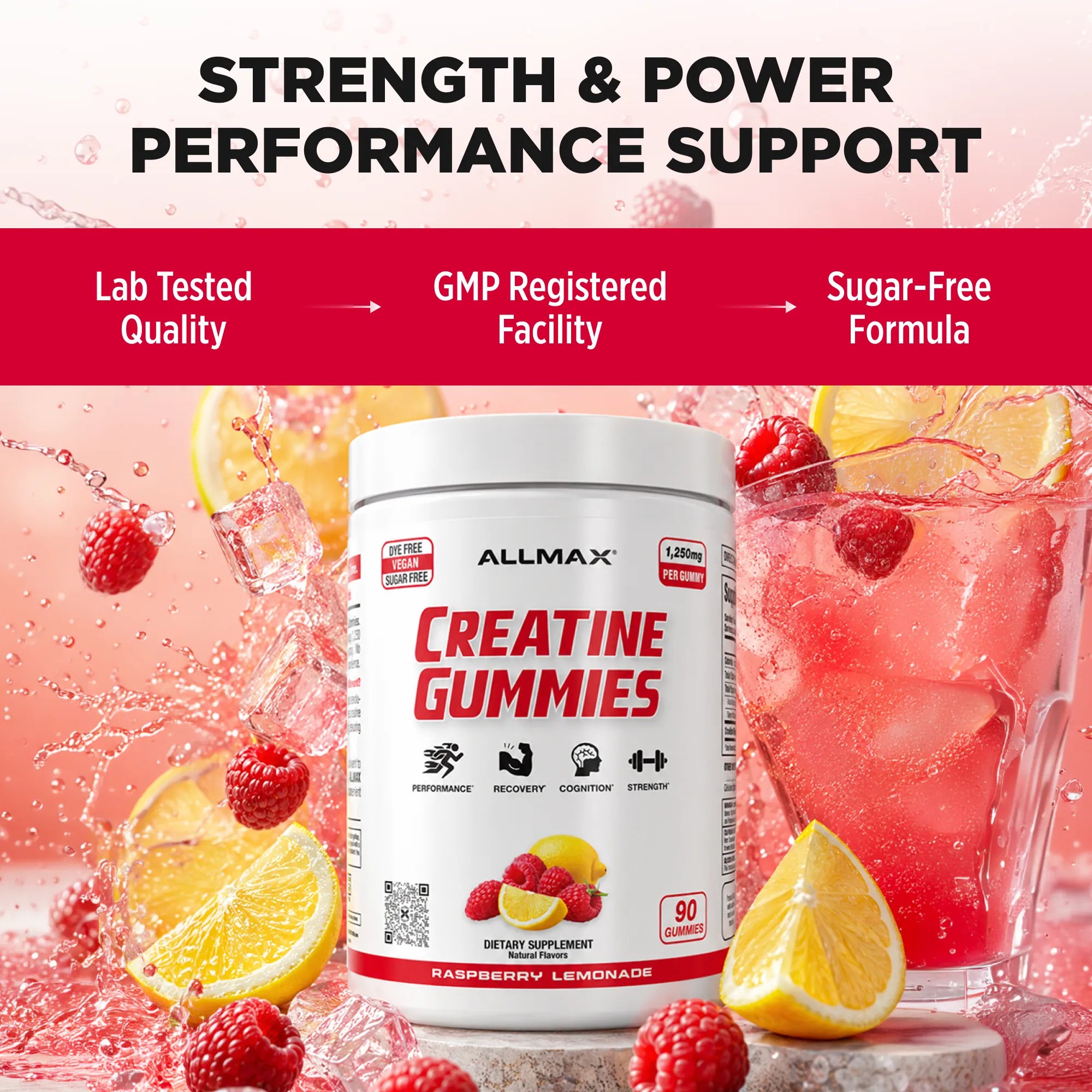 A tub of ALLMAX Creatine Gummies in Raspberry Lemonade flavor is shown in a promotional graphic with raspberries, orange slices, and a glass of pink drink splashing around it. Text at the top reads 'STRENGTH & POWER PERFORMANCE SUPPORT' with feature callouts: 'Lab Tested Quality,' 'GMP Registered Facility,' and 'Sugar-Free Formula.