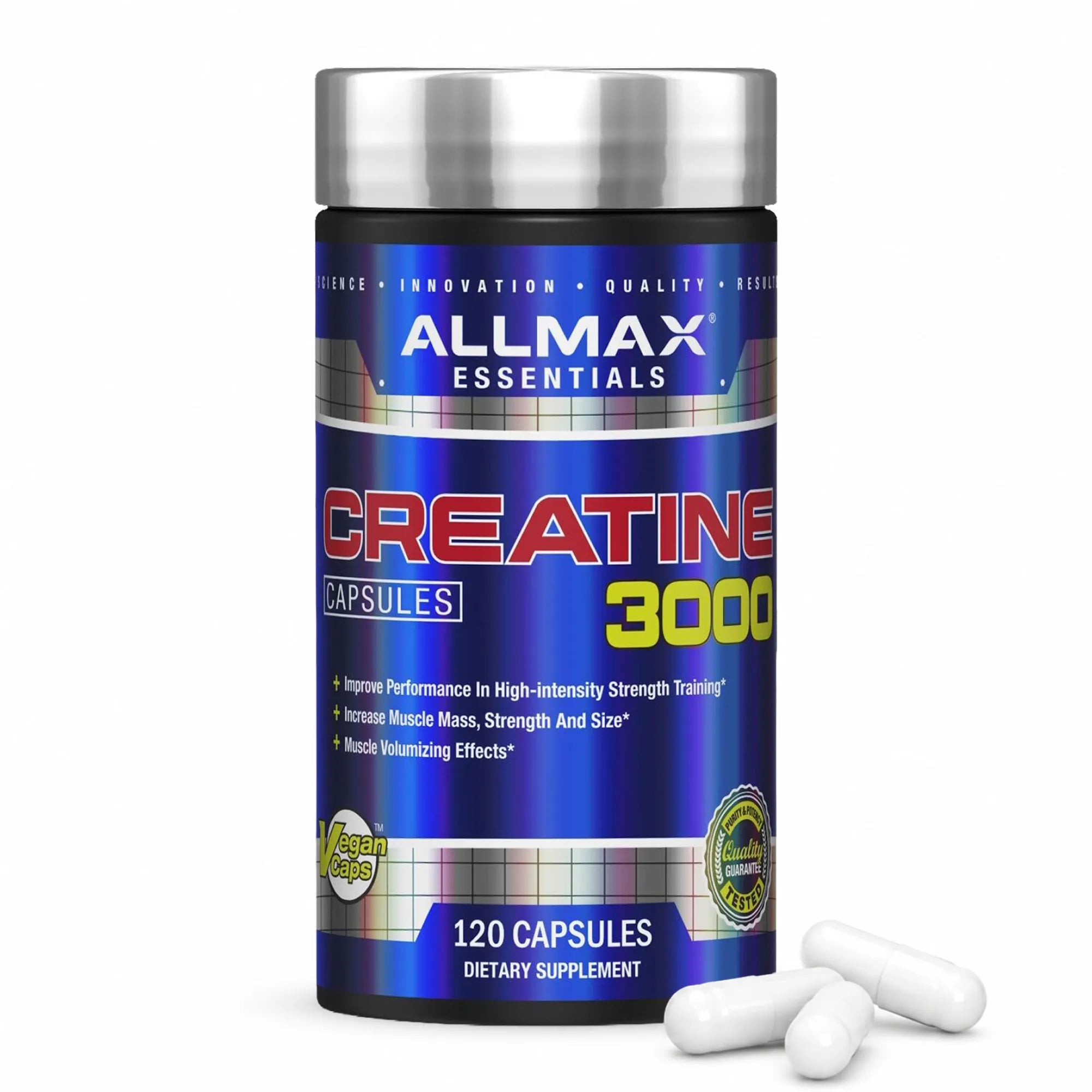 A bottle of All Max Essentials Creatine 3000 dietary supplement capsules, shown with three white capsules in front on a white background.