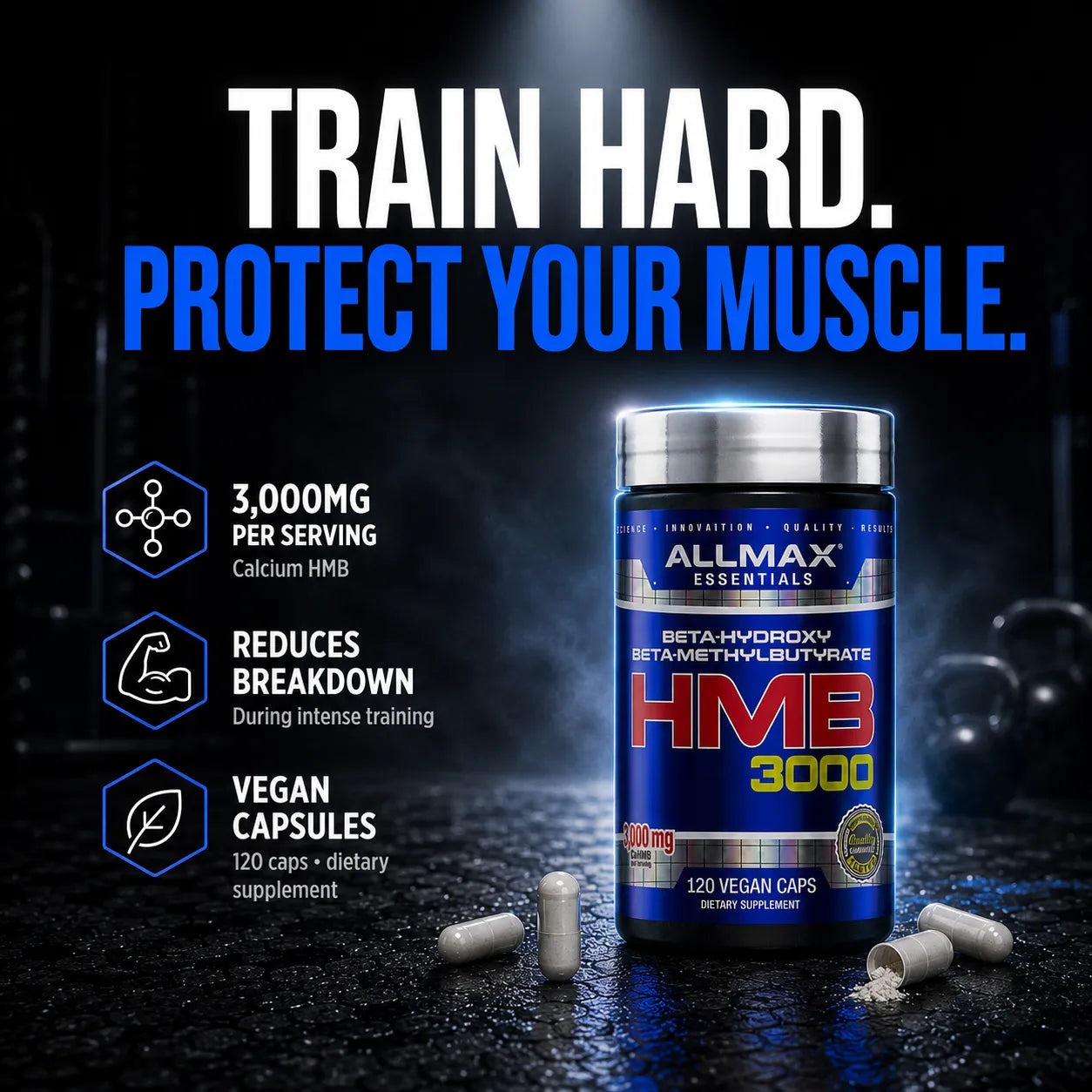 A bottle of Allmax Essentials HMB 3000 dietary supplement stands on a dark wet surface with capsules scattered around it. Large text at the top reads 'TRAIN HARD.