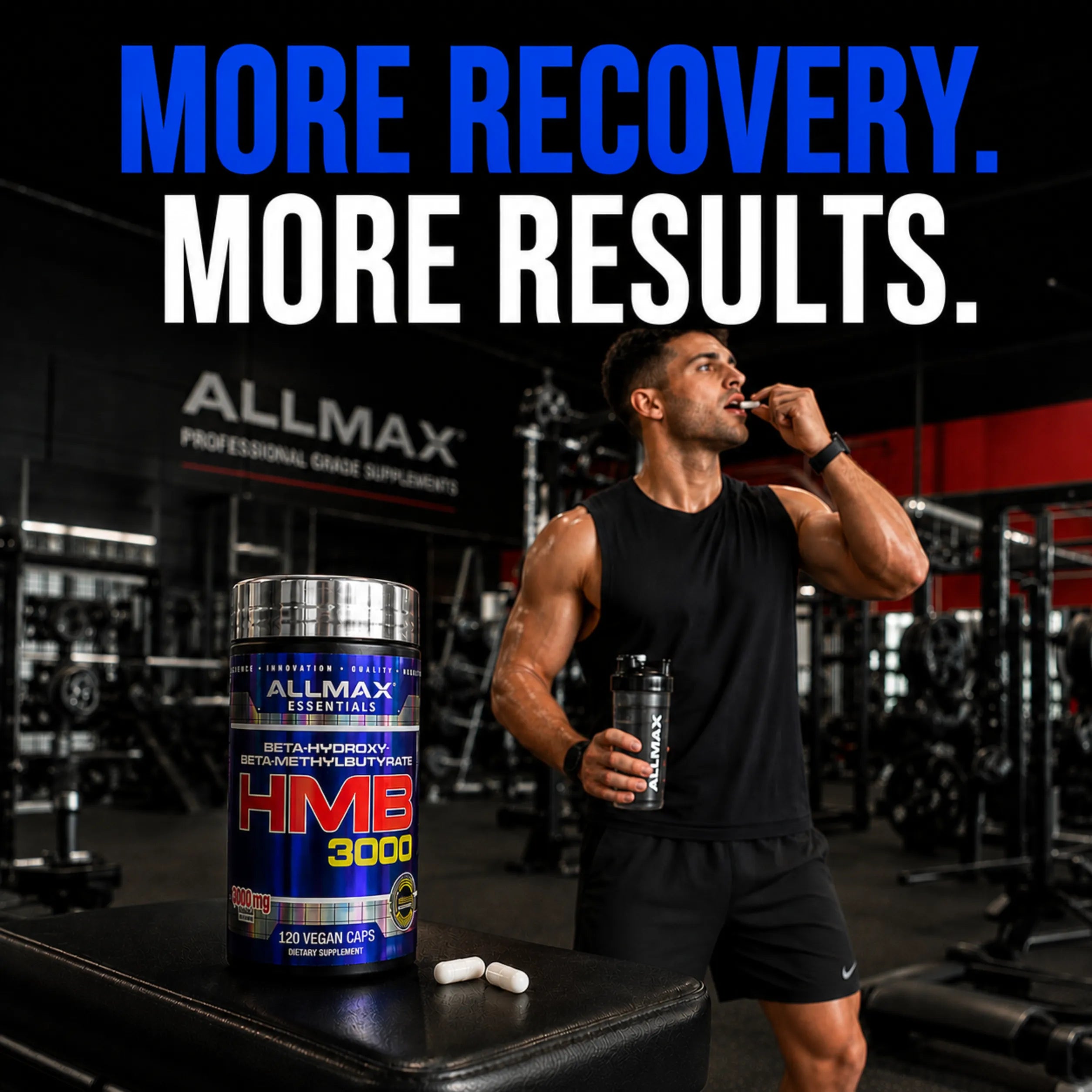A man in a black athletic outfit stands in a gym holding a shaker bottle beside a large bottle of Allmax Essentials HMB 3000 vegan capsules, with bold text reading 'MORE RECOVERY. MORE RESULTS.