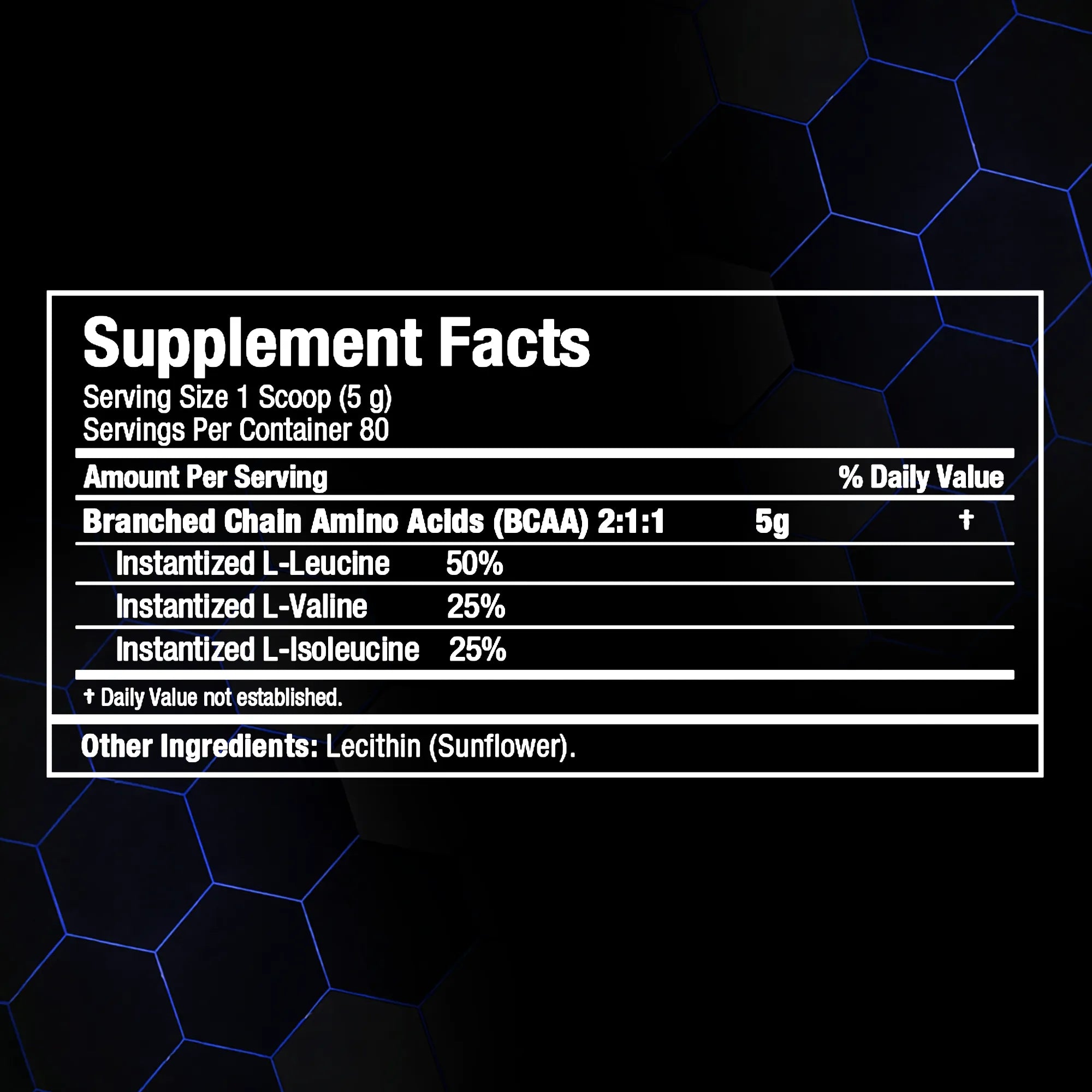 A supplement facts label showing branched chain amino acids content per serving on a black background with blue hexagonal graphics.
