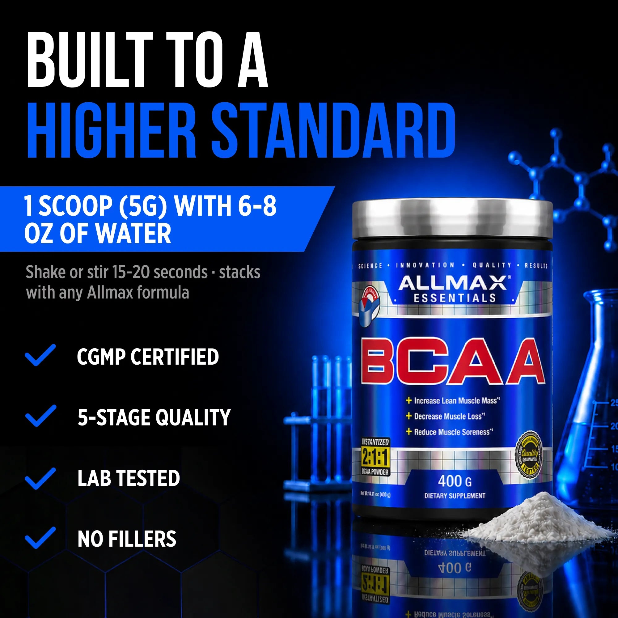 A container of Allmax Essentials BCAA dietary supplement powder on a dark blue graphic background with text highlighting product features and benefits.