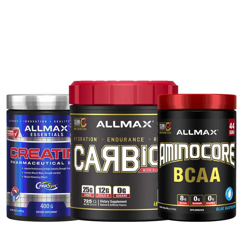 Three Allmax Essentials dietary supplement containers grouped together: a blue Creatine Pharmaceutical Grade tub with a silver lid, a black Carbion with red lid, and a black AminoCore BCAA tub with red lid.
