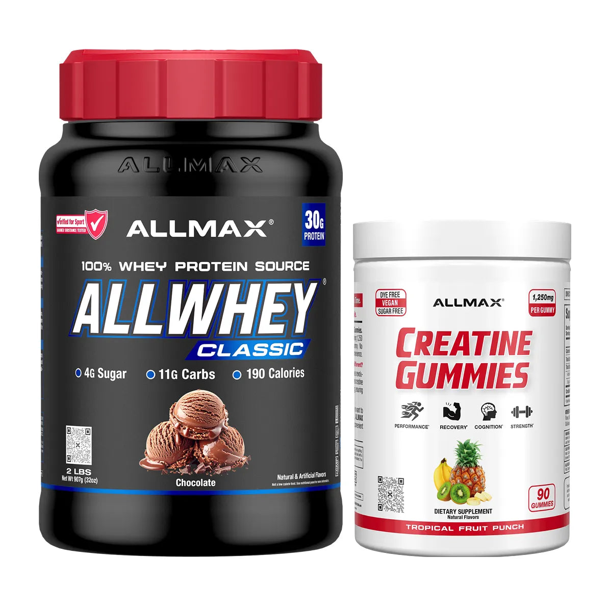 A black tub of Allmax AllWhey Classic protein powder with a red lid and a white tub of Allmax Creatine Gummies with a red lid, shown side-by-side on a white background.