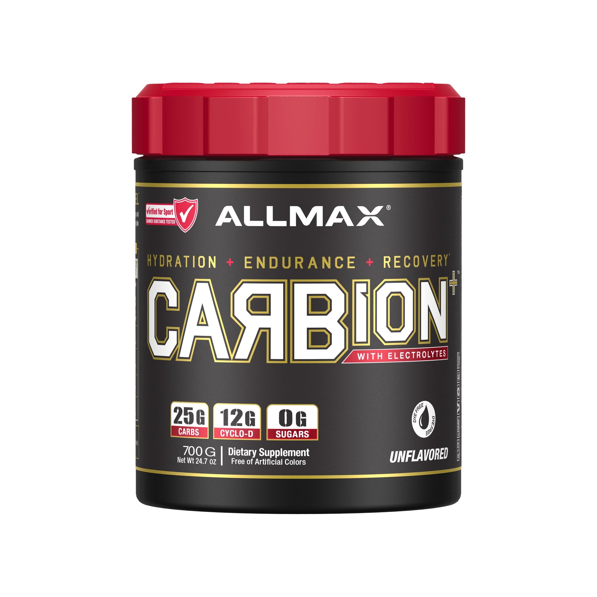A tub of Allmax Carbion+ dietary supplement powder, unflavored, with a black label and a bright red lid, shown on a plain white background.
