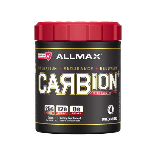 A tub of Allmax Carbion+ dietary supplement powder, unflavored, with a black label and a bright red lid, shown on a plain white background.