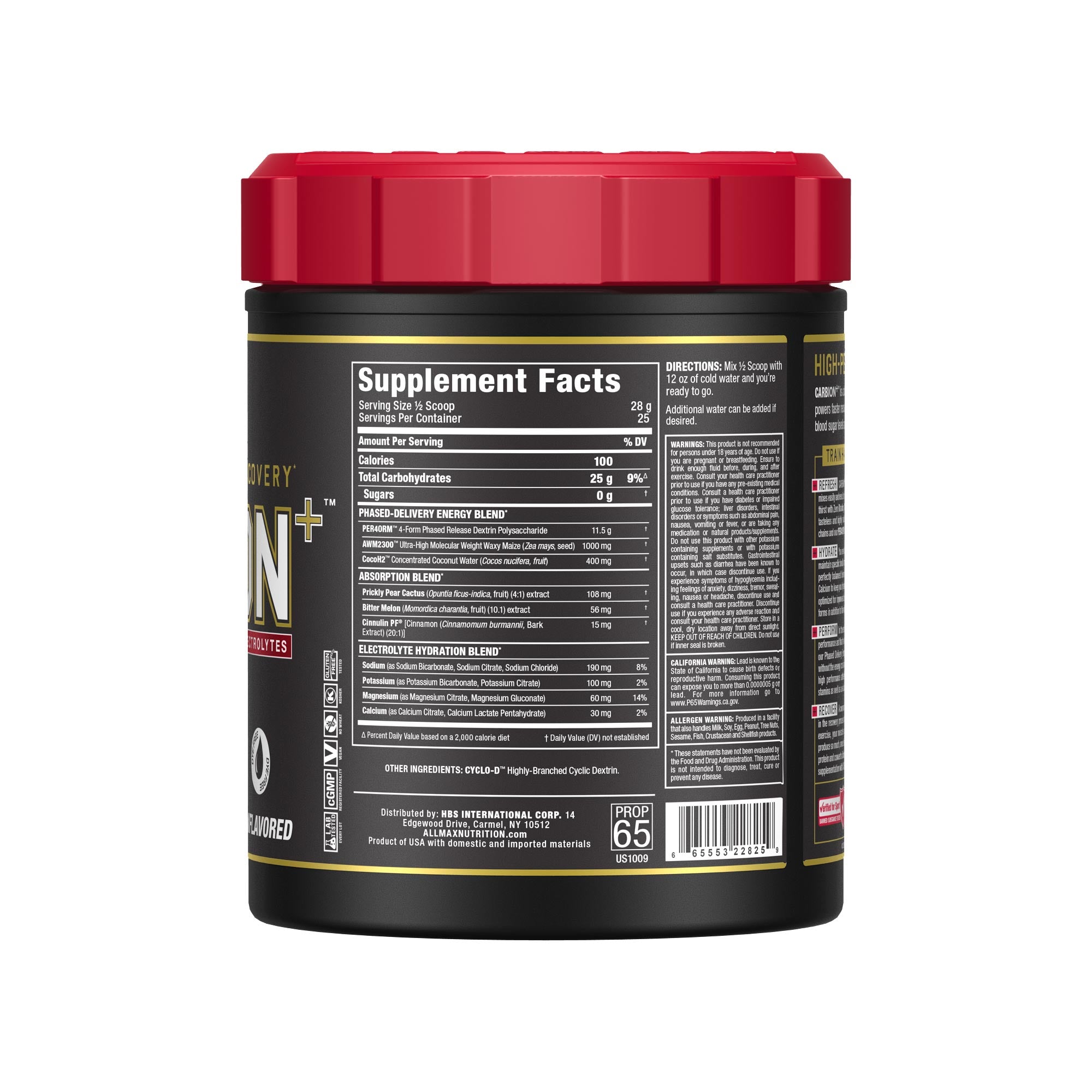 A black plastic tub of a dietary supplement with a bright red lid, showing the Supplement Facts label on a white background.
