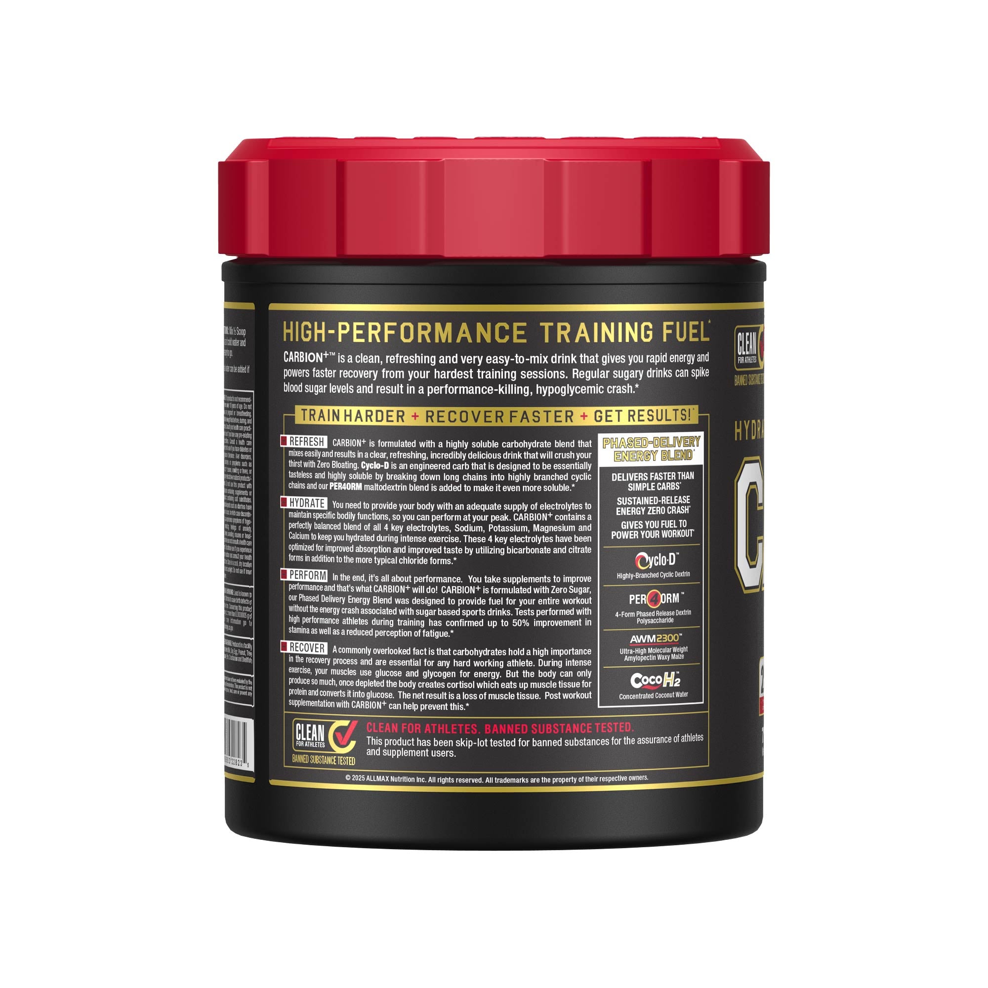 A tub of Carbion+ high-performance training fuel supplement, showing the back label with text and logos on a plain white background.