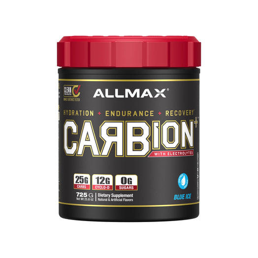 A tub of Allmax Carbion+ dietary supplement powder in Blue Ice flavor, featuring a black container with a red lid and white and gold lettering.
