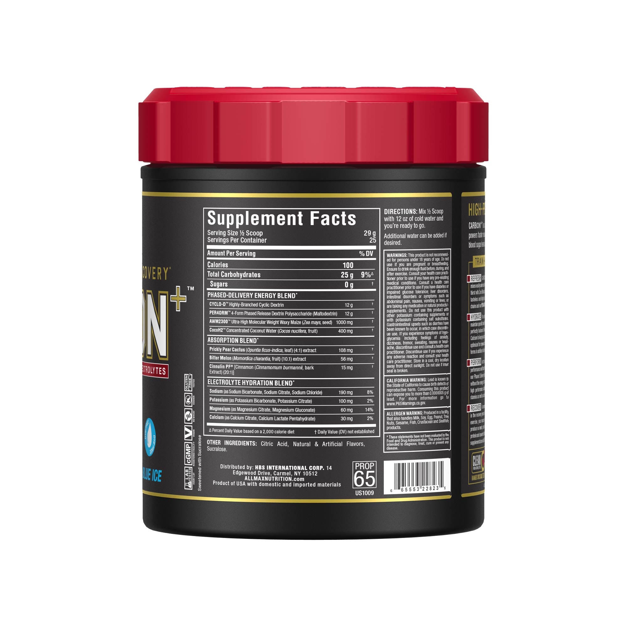 A black tub of NutraScience Energy Protein powder with a red lid, showing the supplement facts label on a white background.