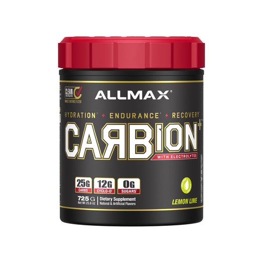 A tub of Allmax Carbion+ dietary supplement powder in Lemon Lime flavor, featuring a black container with a red lid and gold and white lettering.