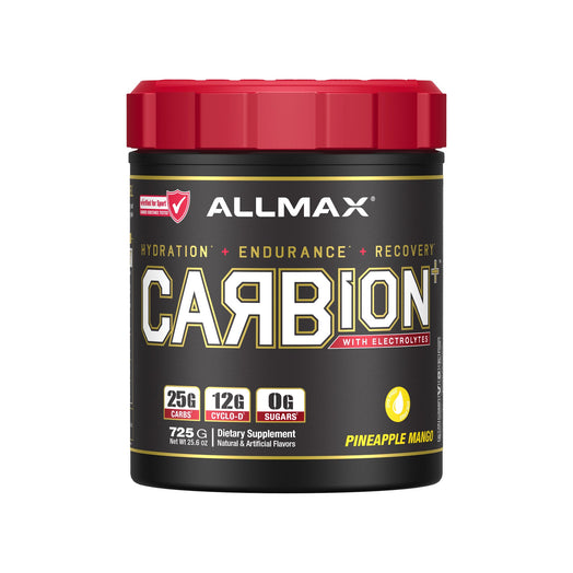 A tub of Allmax Carbion+ dietary supplement powder in Pineapple Mango flavor, featuring a black label with gold and white lettering and a red lid, on a white background.