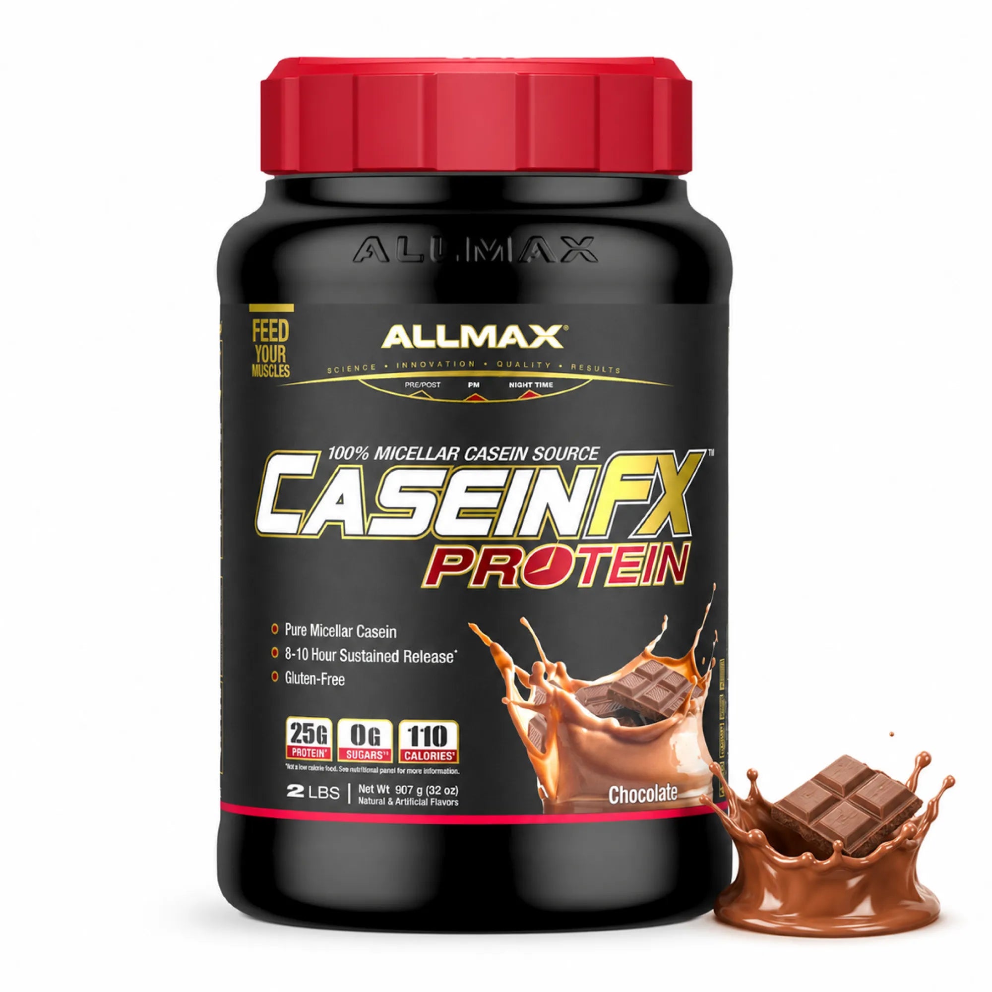 A black tub of Allmax CaseinFX Protein powder in chocolate flavor with a red lid, shown on a white background with a chocolate splash graphic at the bottom right.