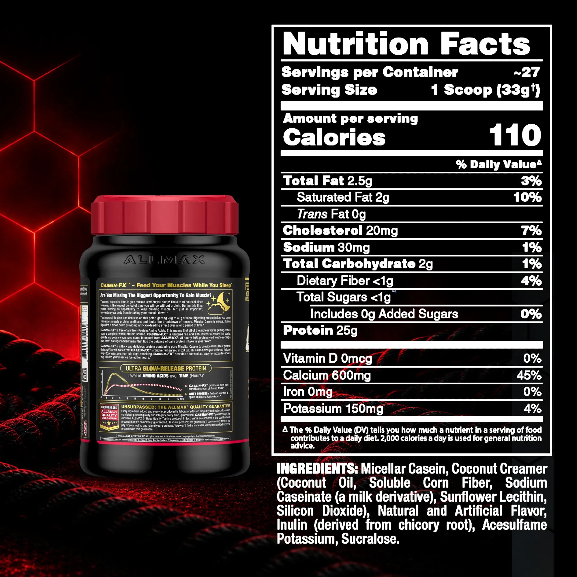 A supplement tub shown with its front and back labels on a dark red background. The product has a red cap and black container with gold and white text.