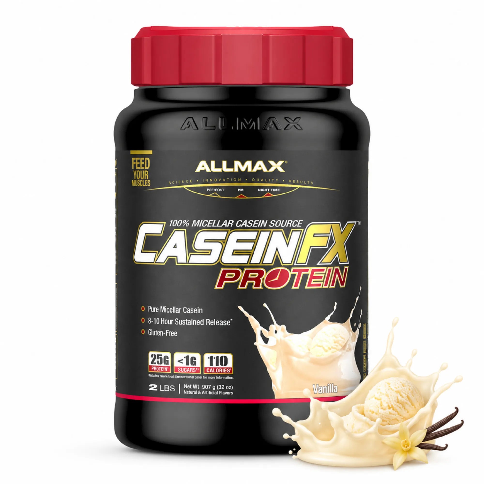 A black tub of Allmax CaseinFX Protein powder with a red lid, shown on a white background with a vanilla ice cream splash and vanilla bean graphic on the front label.