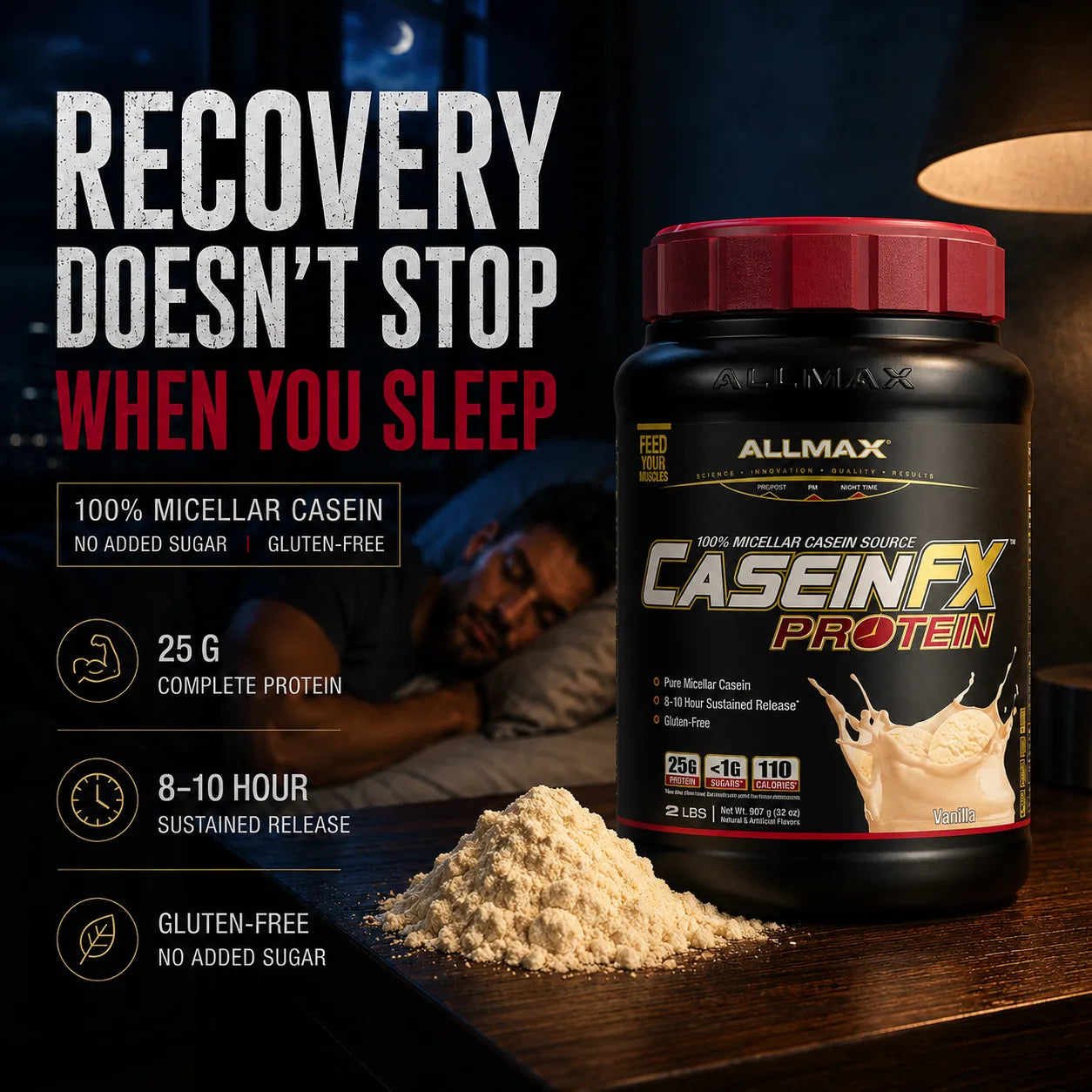 A tub of Allmax CaseinFX Protein powder shown beside a small pile of the powder on a dark wooden surface, with promotional text on the left and a dim bedroom scene in the background. The product packaging is black with a red lid and gold/white branding.