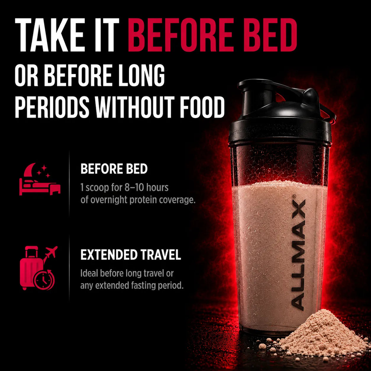 A shaker bottle filled with beige protein powder stands on a dark surface with a small pile of powder in front. The bottle has a black lid and vertical ALLMAX branding.