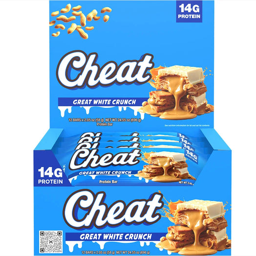 Box of Cheat Great White Crunch protein bars with white background