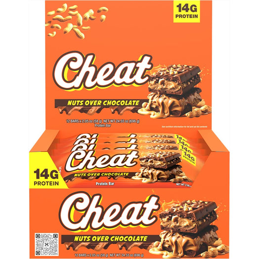 Box of Cheat bar Nuts Over Chocolate protein bars with an orange and brown design.