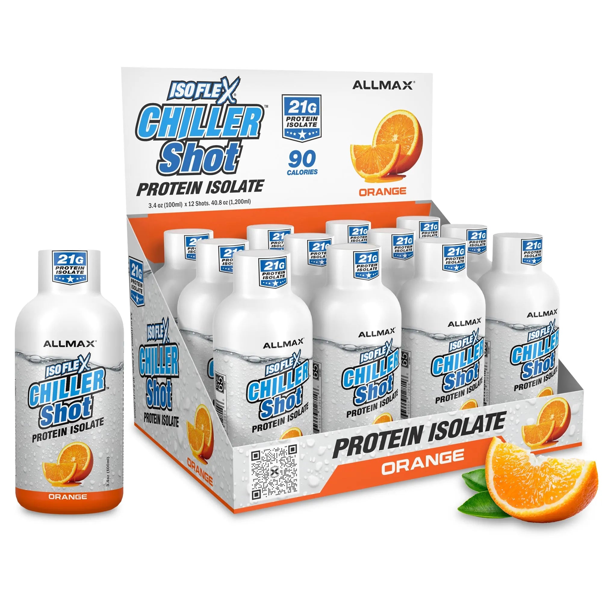 A display box and individual bottles of Allmax Isoflex Chiller Shot Protein Isolate in Orange flavor, shown on a clean white background with orange slices.