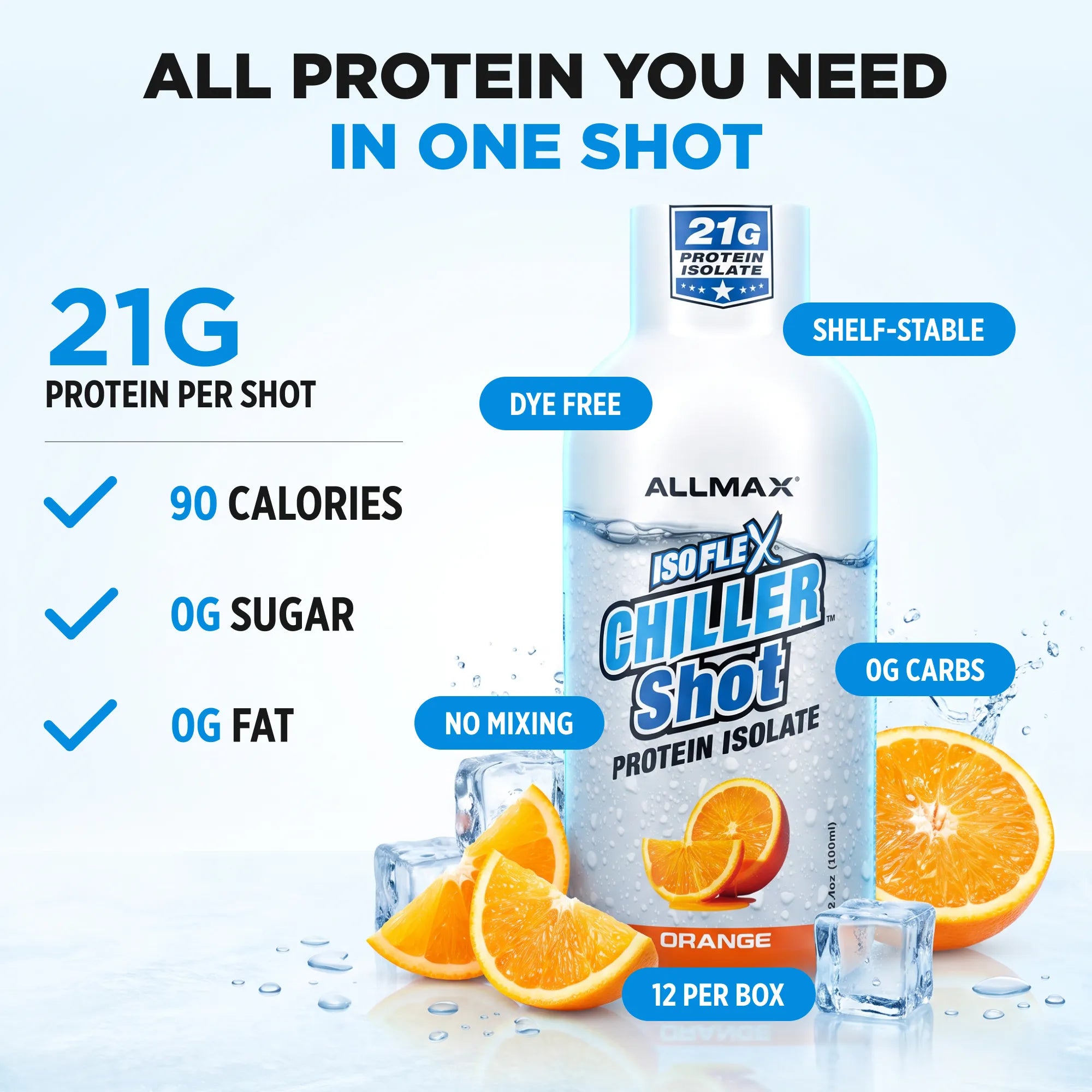 Allmax IsoFlex Chiller Shot Orange protein isolate bottle with promotional text and orange slices on a light blue background.