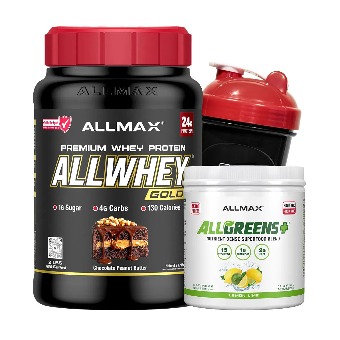 A fitness supplement bundle from Allmax, featuring a large black tub of Allwhey Gold protein powder with a red lid, a white tub of Allgreens+ superfood blend with green accents, and a black shaker bottle with a red lid, all set against a plain white background.