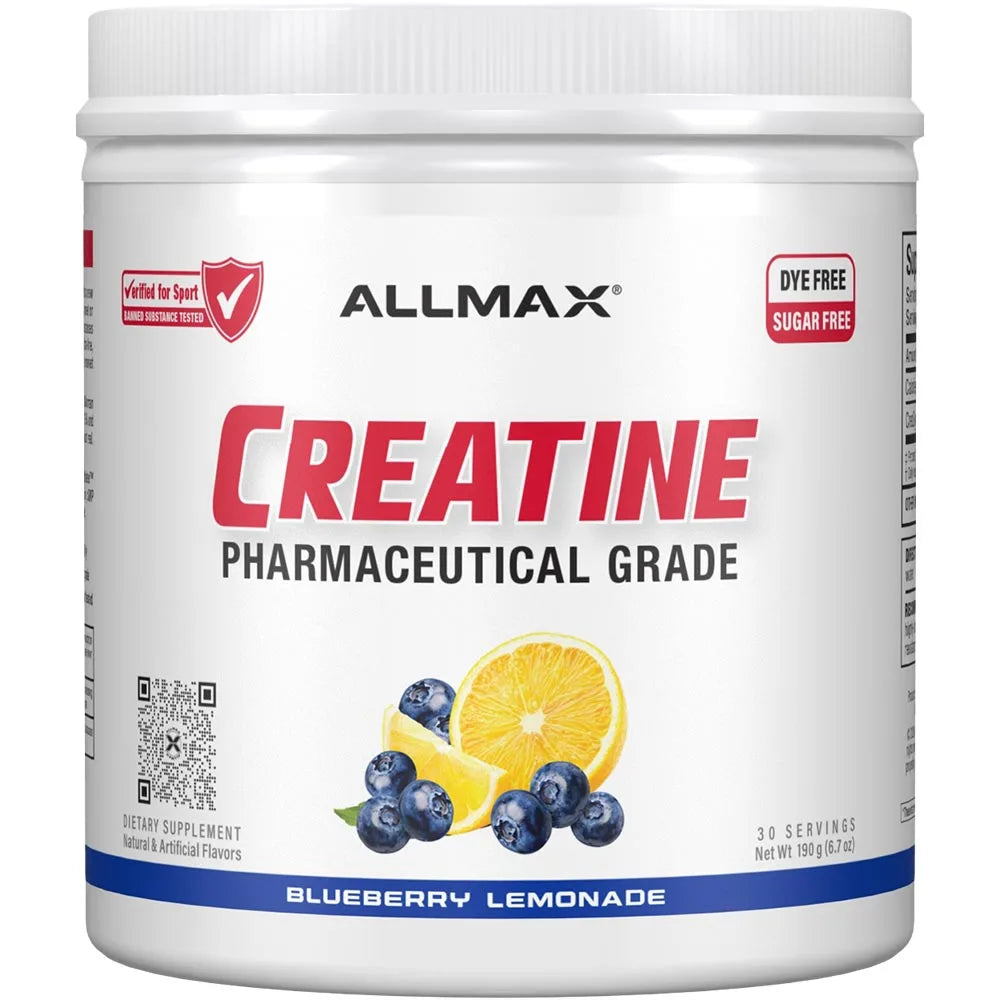 Allmax Creatine supplement container with blueberry and lemon illustration on a white background
