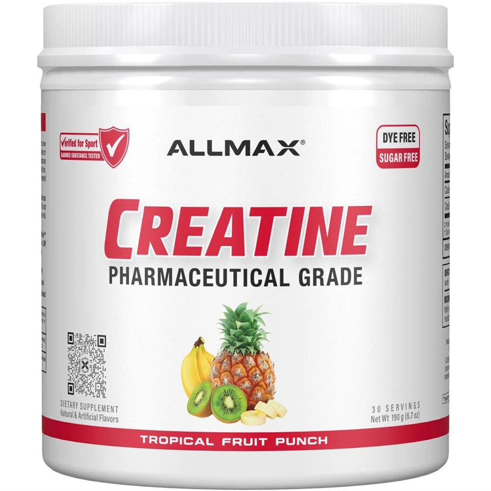 Allmax Creatine supplement container with tropical fruit punch flavor on a white background