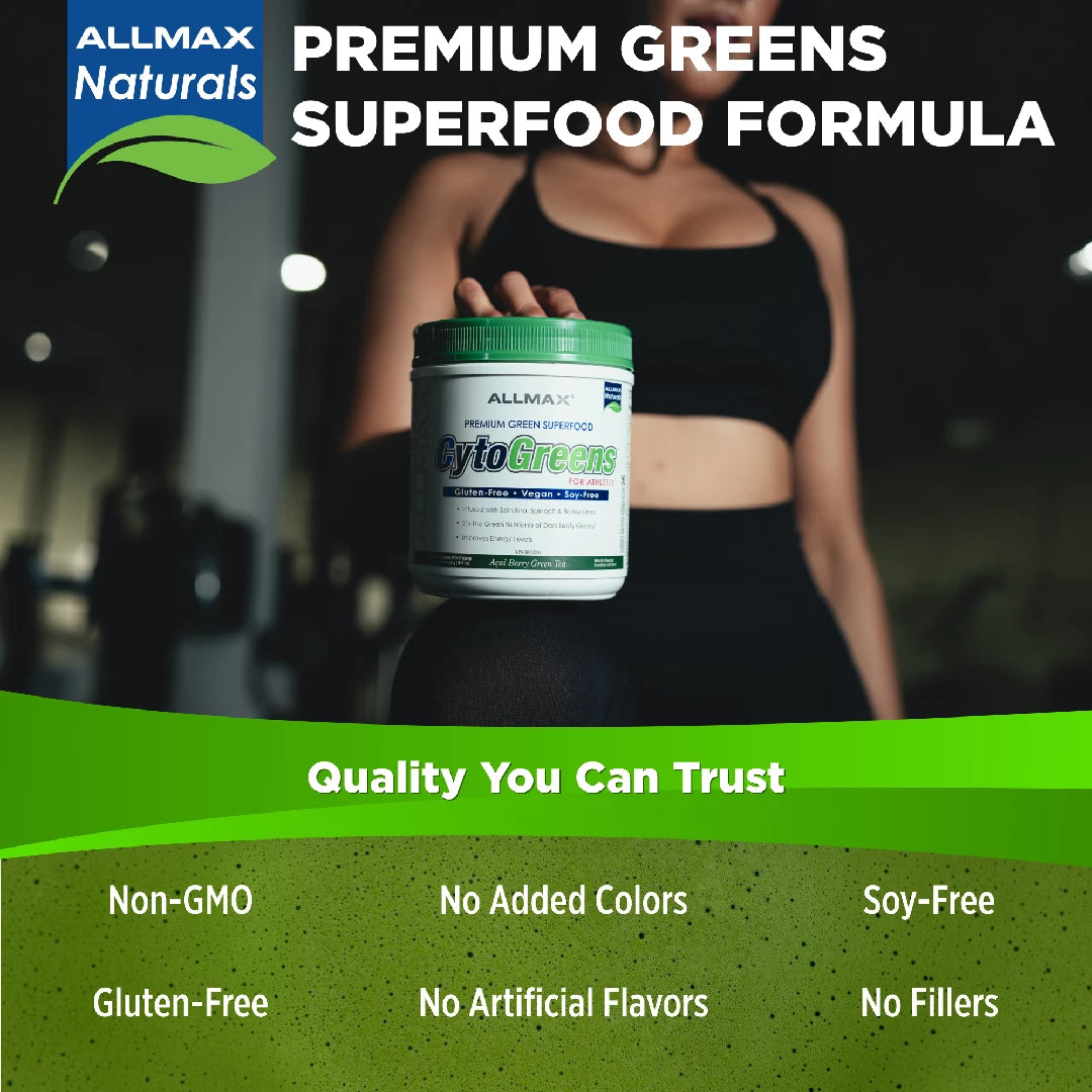 Allmax Naturals Cytogreens supplement with a person in the background, highlighting health and wellness.