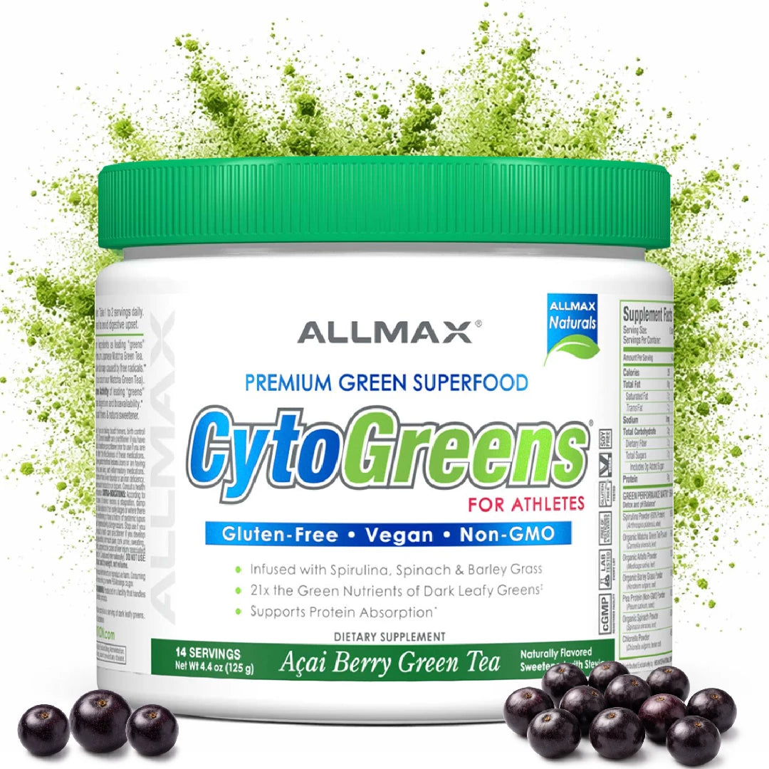 Allmax CytoGreens supplement container with green powder and acai berries on a white background