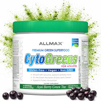 Allmax CytoGreens supplement container with green powder and acai berries on a white background