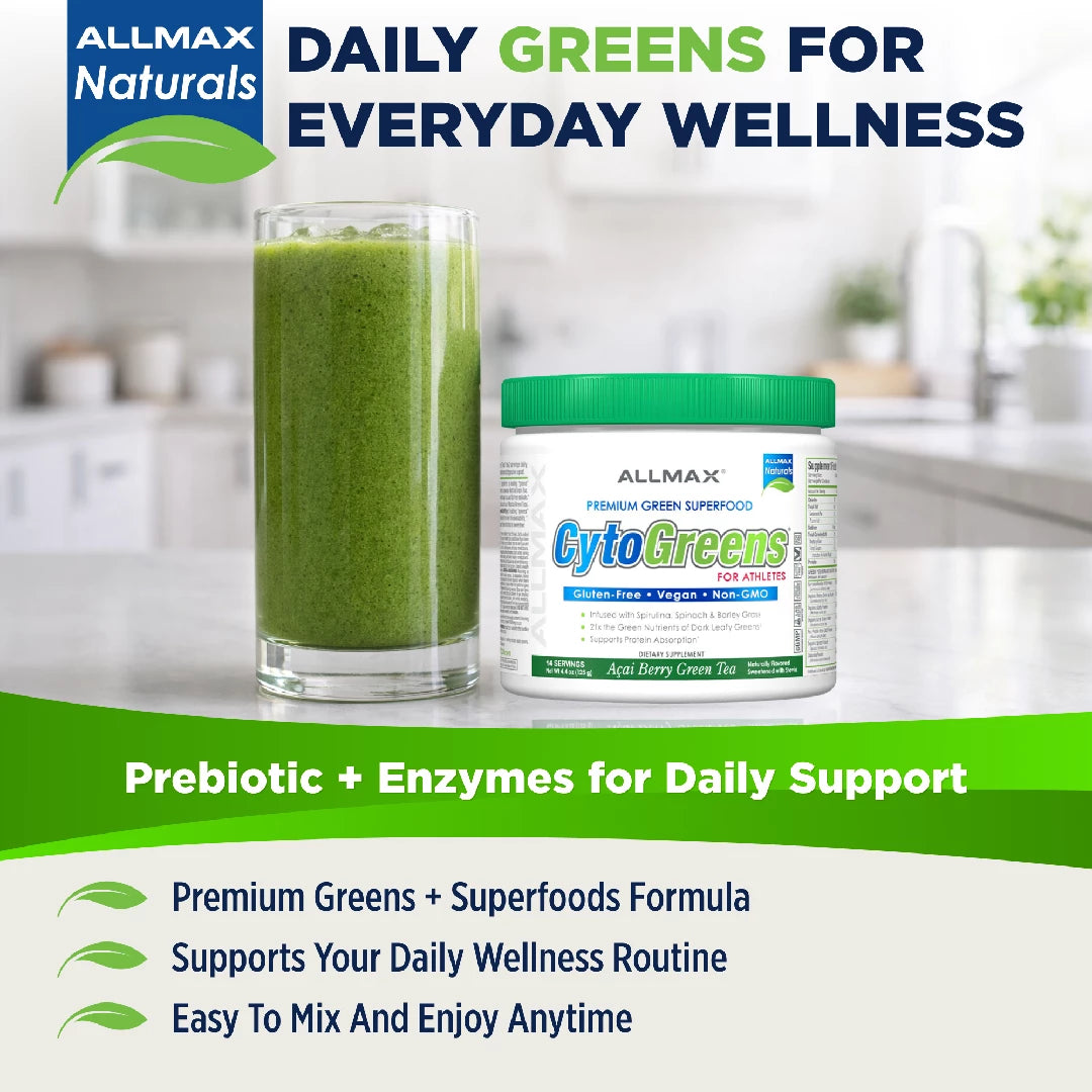 Allmax Naturals CytoGreens supplement jar with a glass of green smoothie on a kitchen counter.