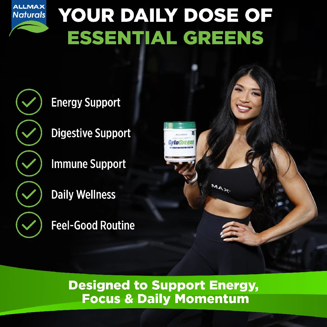 Woman holding a cytogreens container with promotional text about essential greens and their benefits.