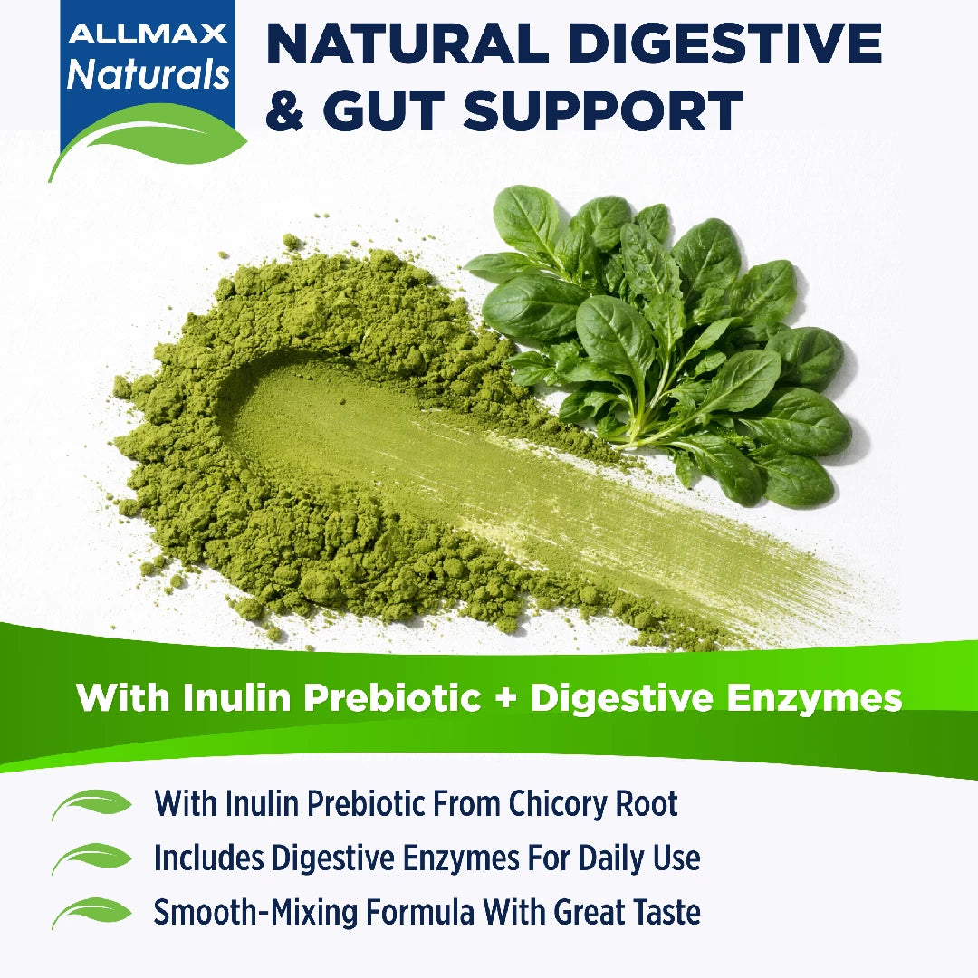 Allmax Naturals natural digestive and gut support product with green powder and spinach leaves on a white background.