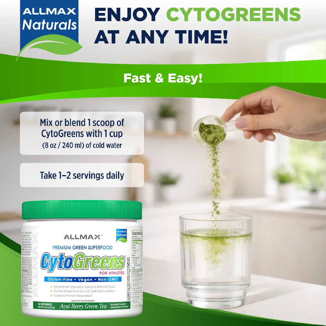Allmax Naturals Cytogreens supplement with a hand pouring powder into a glass of water in a kitchen setting.